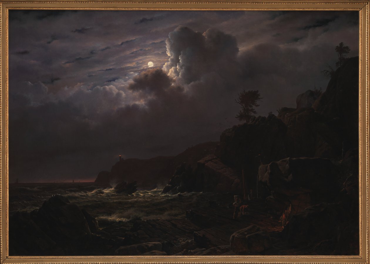 Vista de Kullen en Suecia. Contrabandistas escondiendo sus bienes entre las rocas. Luz de luna de Louis Gurlitt