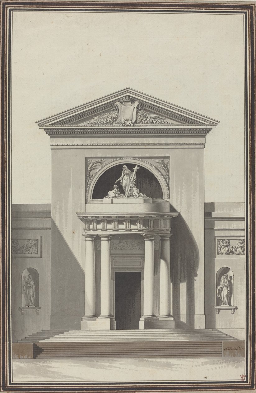 Fachada de una iglesia con una escultura que representa la fe de Louis Gustave Taraval