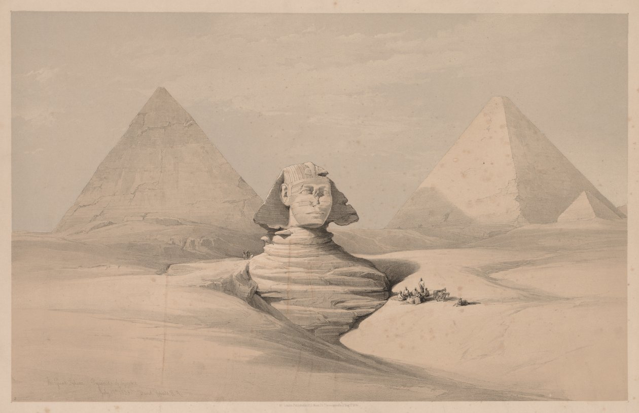 Egipto y Nubia: Volumen I - No. 18, La Gran Esfinge, Pirámides de Gizeh, Vista frontal de Louis Haghe