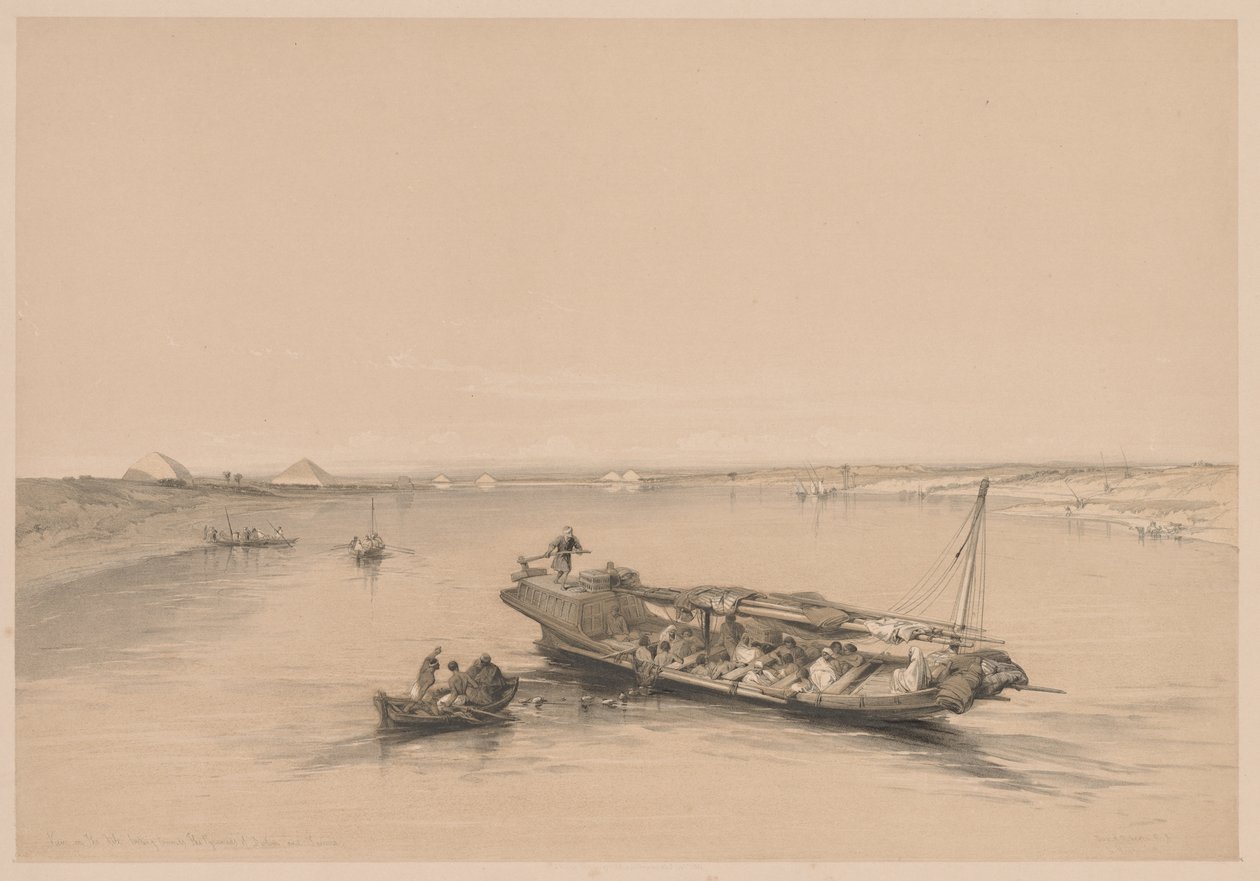 Egipto y Nubia: Volumen I - No. 4, Barcos de esclavos en el Nilo, vista hacia..., 1838 de Louis Haghe