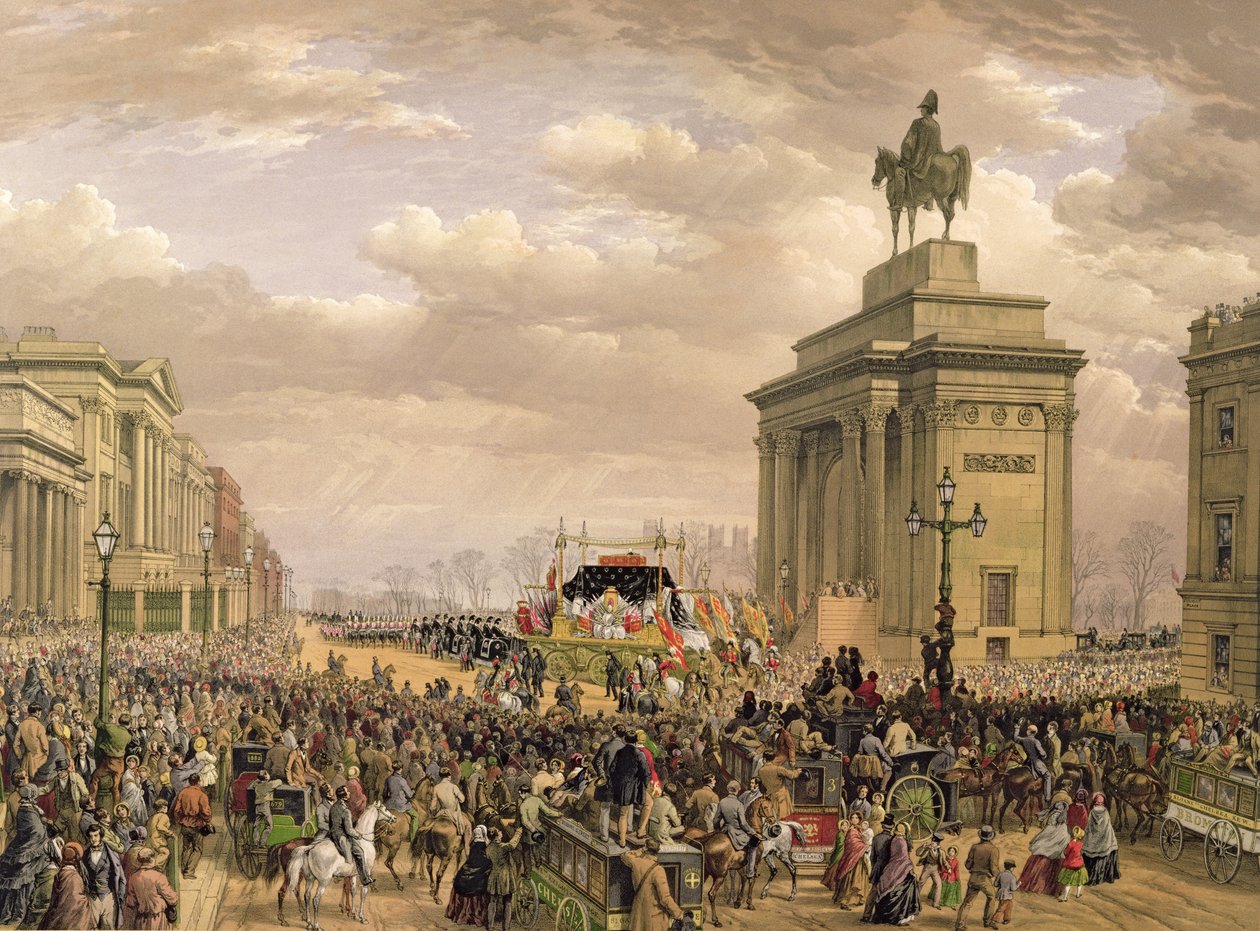 Funeral del Duque de Wellington, el coche fúnebre pasando por el arco en Apsley House, 18 de noviembre de 1852, grabado por Thomas Picken, publicado por Ackermann y Day, 1853 de Louis Haghe