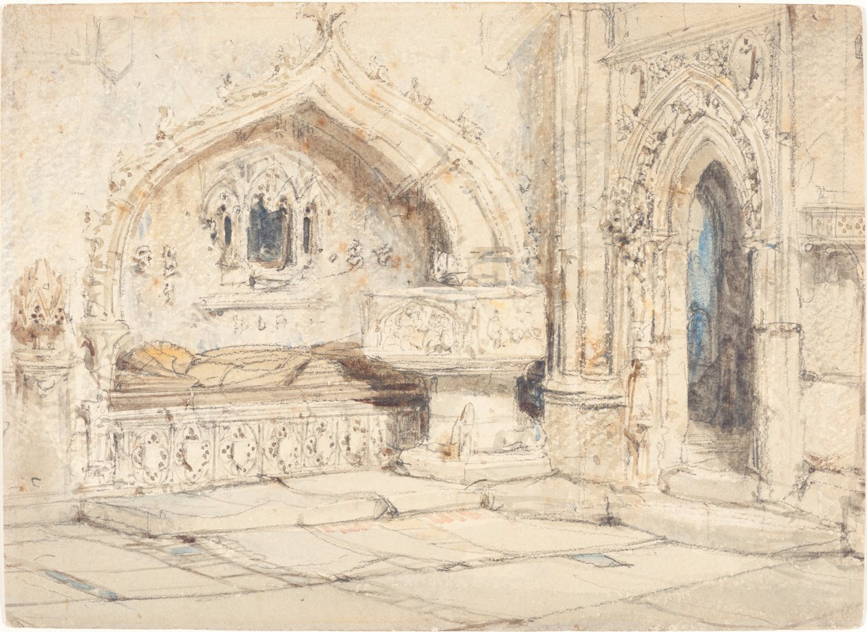 Interior de una Iglesia con una Tumba en la Pared y una Pila Bautismal Medieval de Louis Haghe