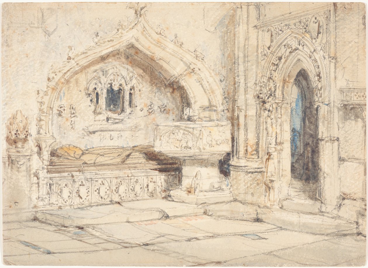 Interior de una iglesia con una tumba mural y una pila bautismal medieval de Louis Haghe