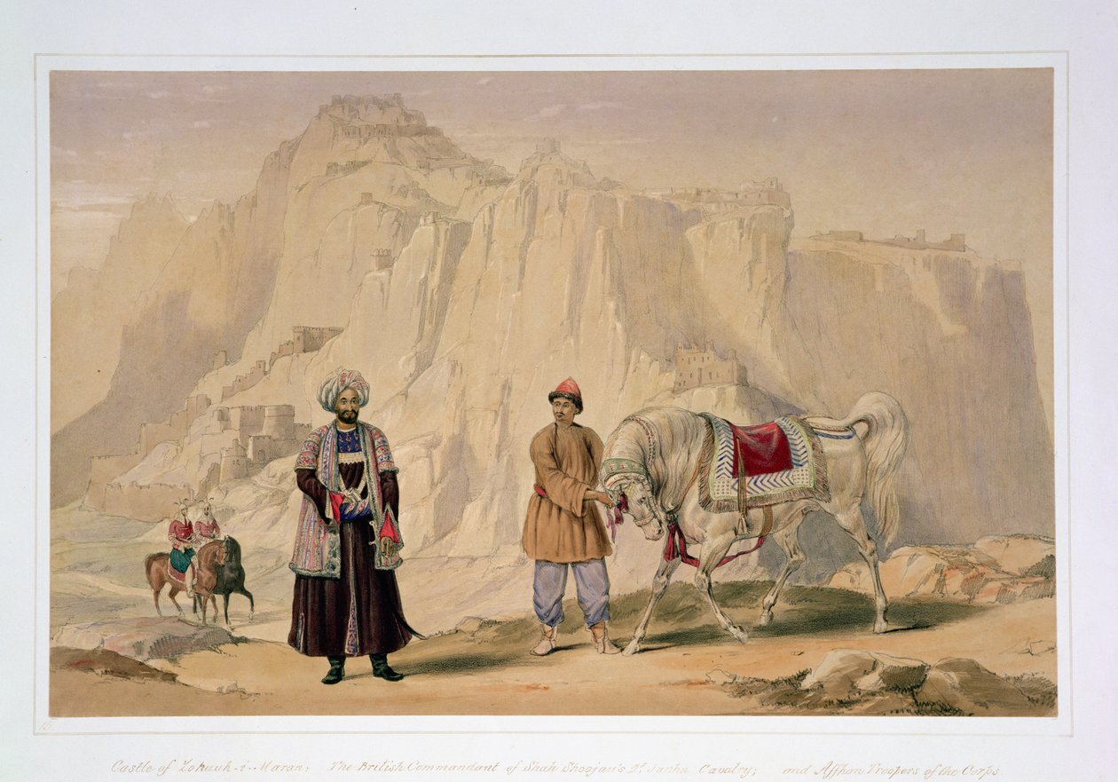El comandante británico del 2º de caballería de Shah Shoojan y los soldados del cuerpo de Affhan, de "Characters and Costumes of Afghuanistan" escrito por el capitán Lockyer Willis Hart, publicado en 1843 (litografía en color) de Louis Hague