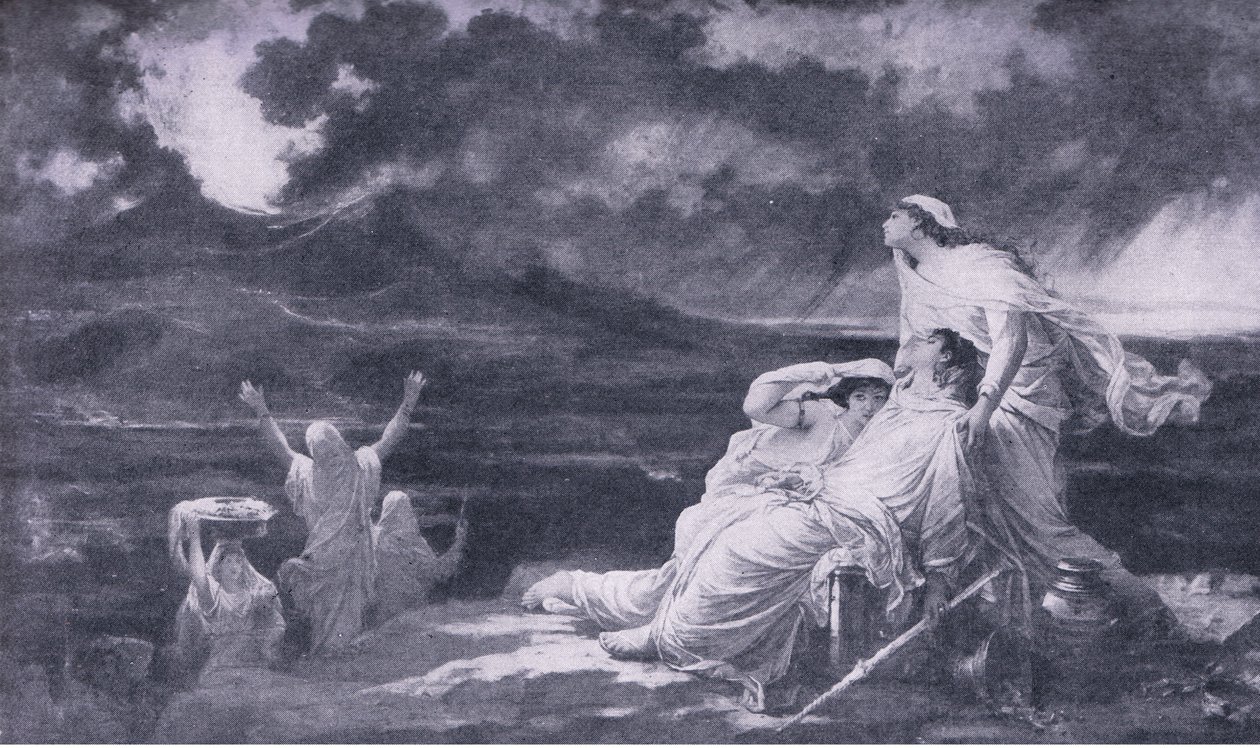 Herculano: La erupción del Vesubio, ilustración de La Biblioteca Mundial de los Mejores Libros, c.1940 de Louis Hector Leroux