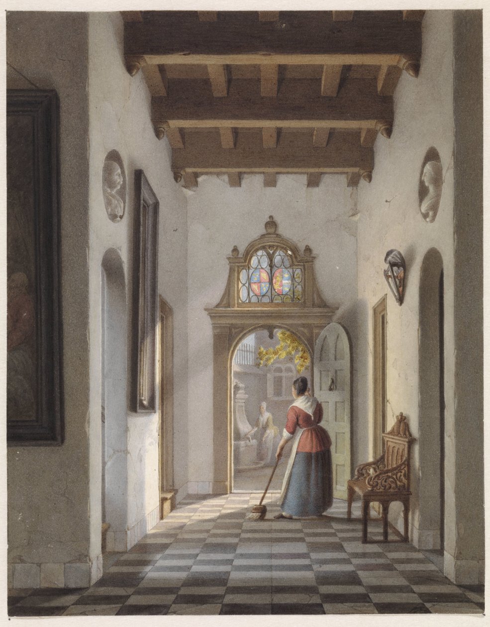 Chica barriendo el pasillo de una casa de Louis Henri de Fontenay