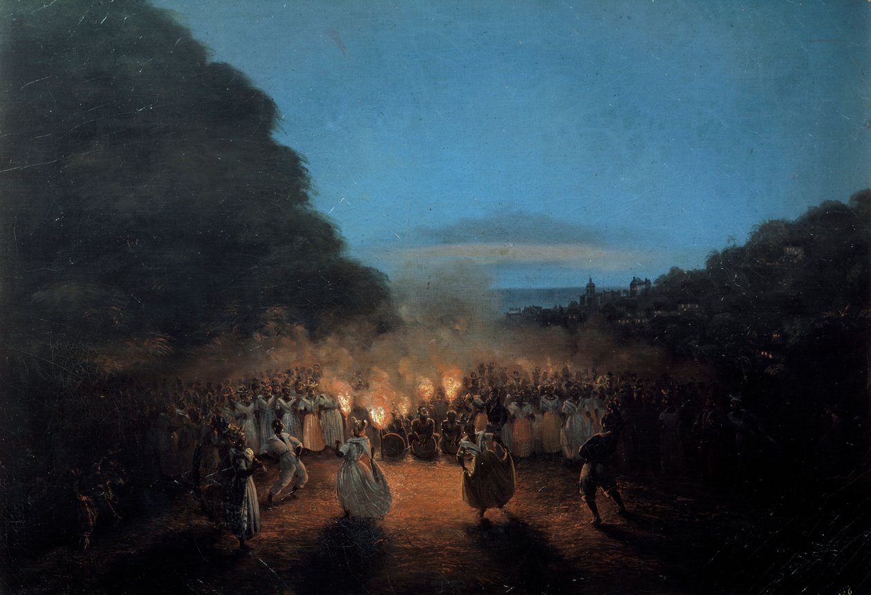 La Bamboula baila bambú (o palos) en la escena de la danza de los esclavos negros de las Indias Occidentales a la luz de las antorchas. Pintura de Honore Gamain (1803-1871) siglo XIX La Rochelle, Museo del Nuevo Mundo de Louis Honore Gamain