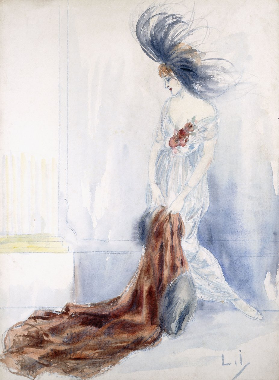 Elegante dama con sombrero de plumas y abrigo de piel de Louis Icart