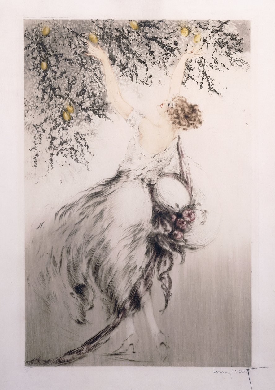 Chica recogiendo limones de Louis Icart