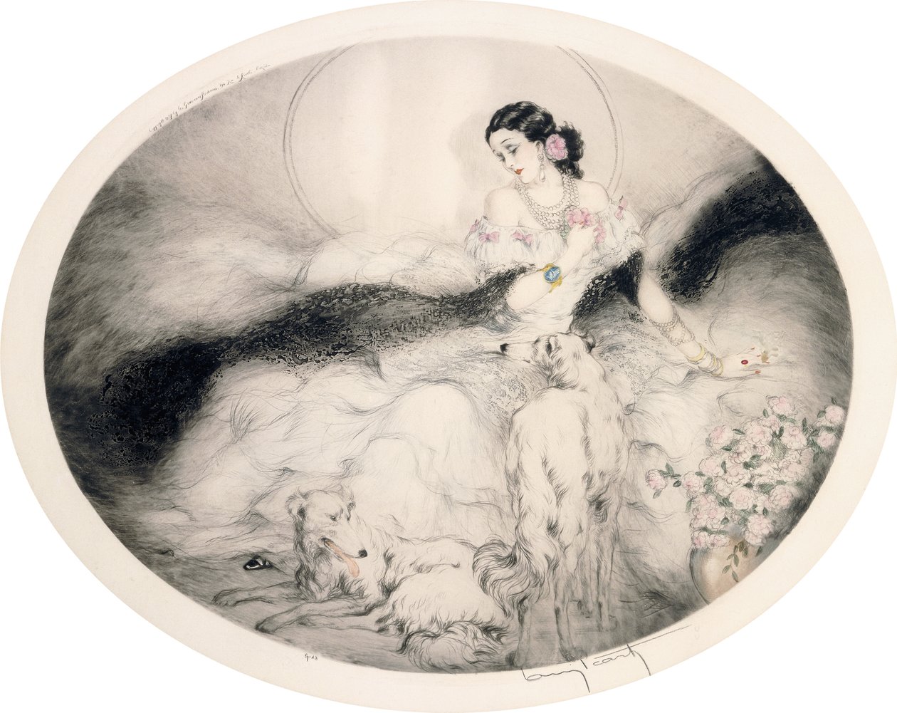 Dama con camelias, c.1917 (aguafuerte y punta seca) de Louis Icart