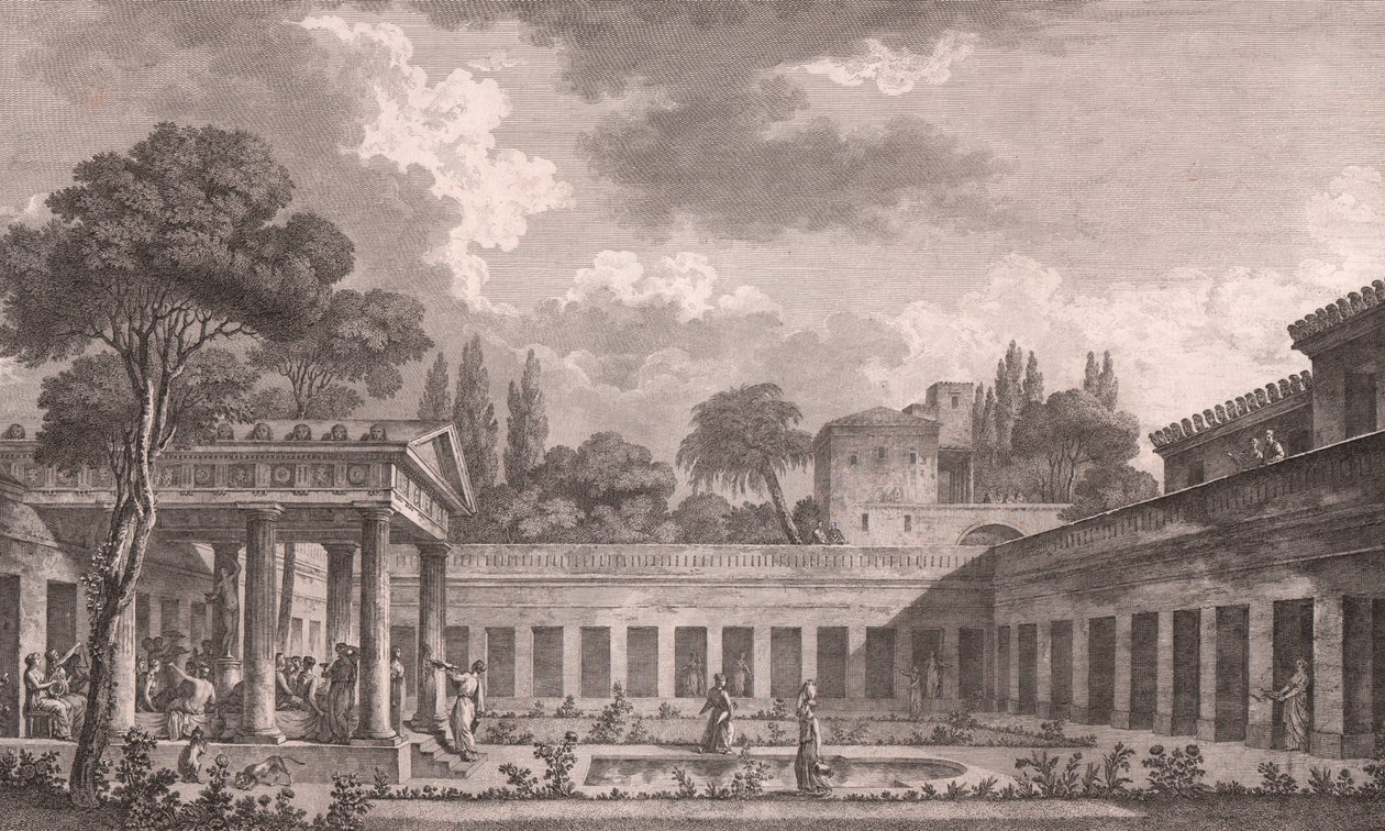 Reconstrucción ideal de la Villa de Diómedes en Pompeya a su estado original antes de la erupción del Monte Vesubio en 79 d.C., Campania, Italia, grabado según dibujo de Louis Jean Desprez (1743-1804) de Louis Jean (after) Desprez