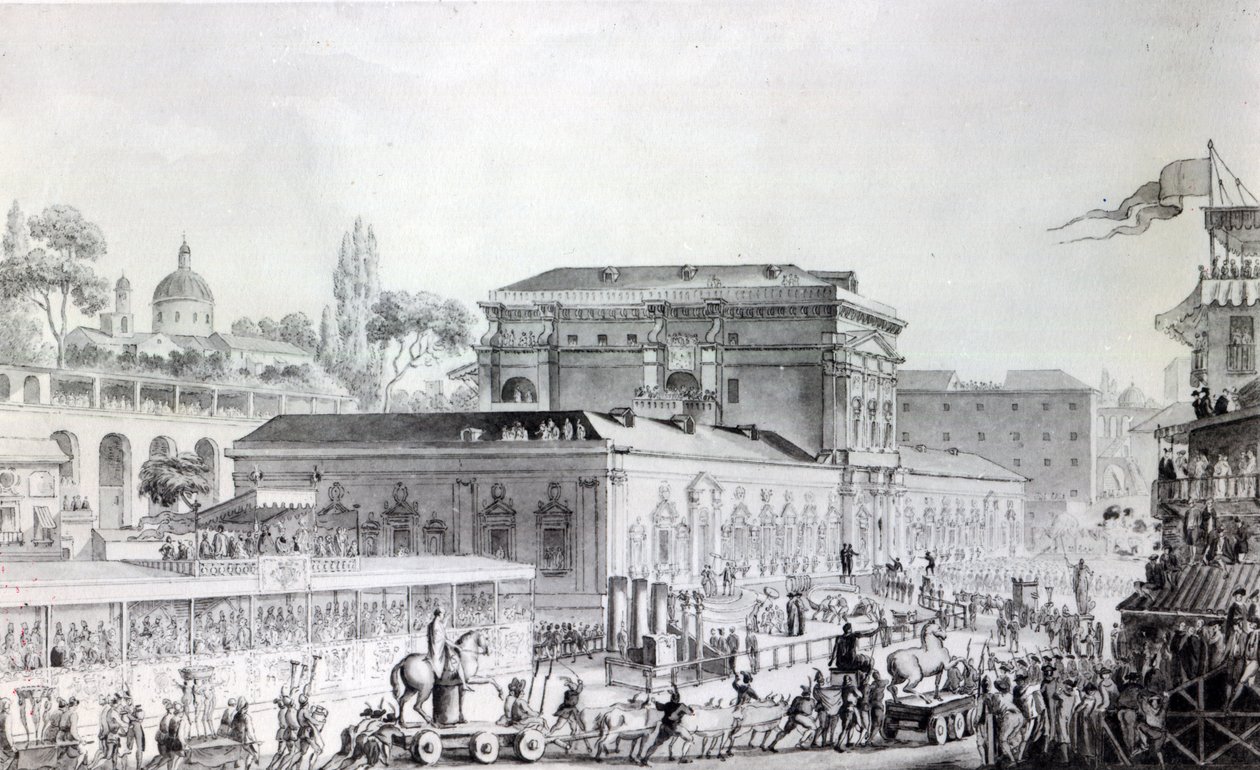 Antigüedades encontradas en Herculano siendo transportadas al Museo de Nápoles, c.1782 de Louis Jean Desprez