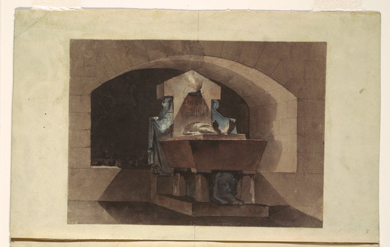 Dibujo, Sepulcro de estilo egipcio con cariátides y un león, ca. 1779-84 de Louis Jean Desprez