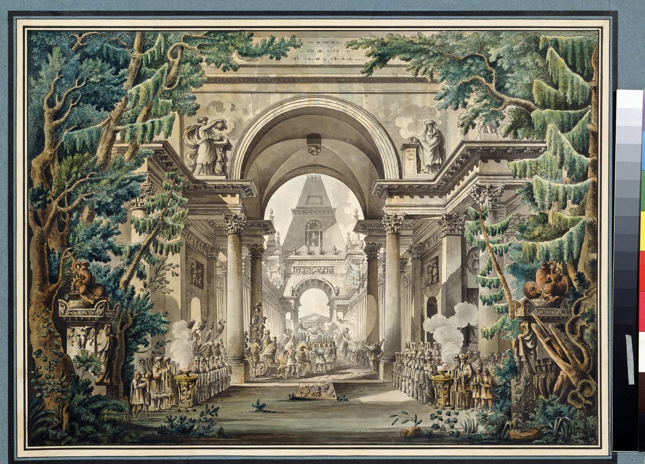 ""La procession au temple"" (Procesión en un templo) Escenografía para una obra de teatro. Acuarela de Louis Jean Desprez (1743-1804) Museo Pushkin, Moscú de Louis Jean Desprez