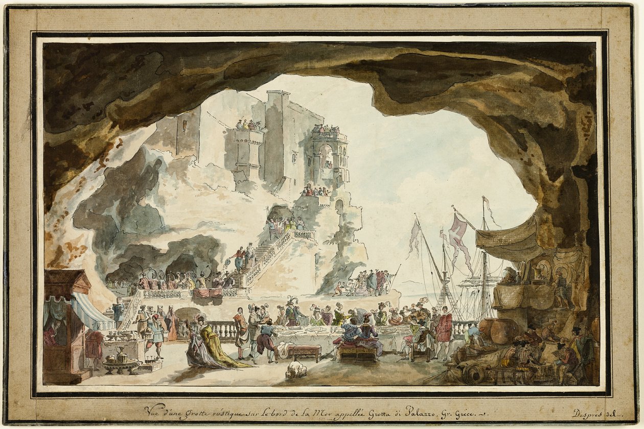 Vista de la Grotta di Palazzo con banquete de Louis Jean Desprez