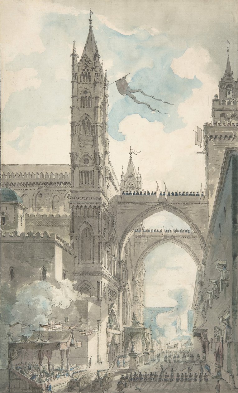 Vista del portal y entrada principal de la catedral de Palermo durante el festival de Louis Jean Desprez