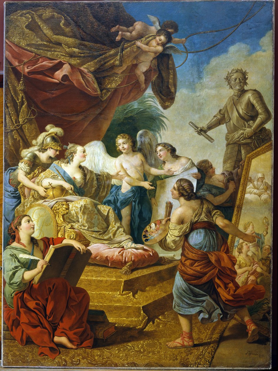 Emperatriz Elisabeth de Rusia (Tsarina Elisabeth I Petrovna Romanov, conocida como Clemente (1709-1762), patrona de las artes. (Emperatriz Elisabeth Petrovna como Patrona de las Artes). Pintura de Louis Jean Francois Lagrenee (1725-1805), aceite en la web de Louis Jean Francois I Lagrenee