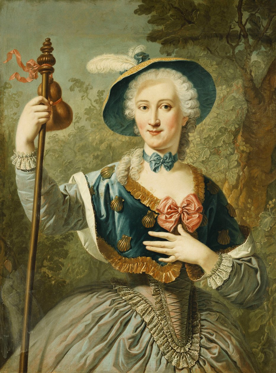 Retrato de una Dama, Tres Cuartos de Longitud, Vestida como una Peregrina, y Usando un Sombrero de Paja Forrado de Azul y una Pluma, 1747 de Louis Jean François Lagrenée