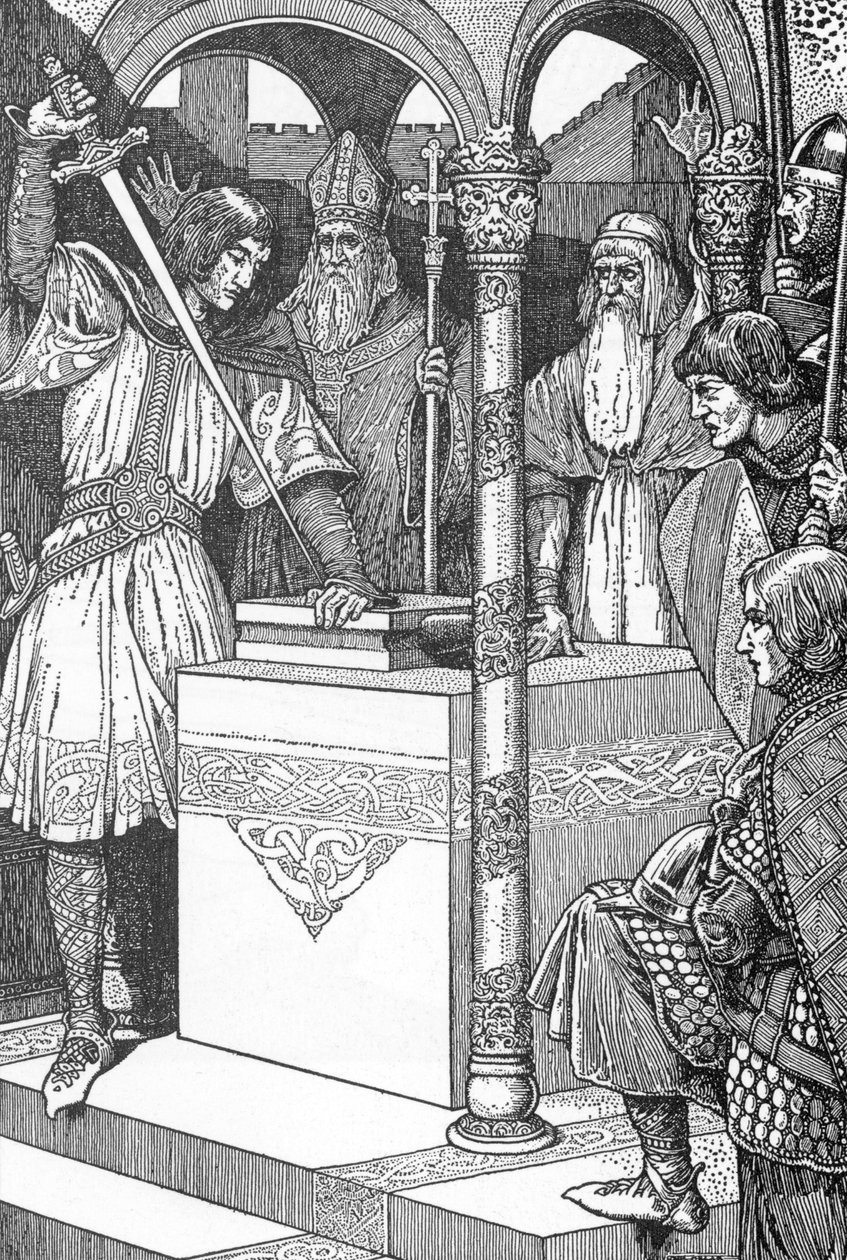 Arturo saca la espada Excalibur de un yunque Ilustración de Louis Rhead (1858-1926) de "el rey Arturo y sus caballeros" 1923 Colección privada de Louis John Rhead