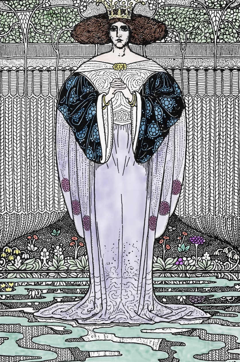 Representación de la Dama del Lago (Nimue, Viviane) Ilustración de Louis Rhead (1858-1926) para "El Rey Arturo y sus caballeros" de Louis John Rhead