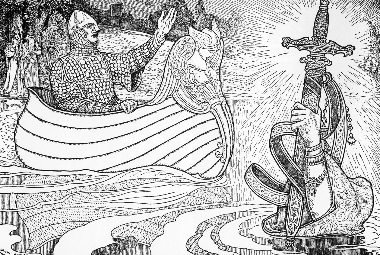 Representación de la Dama del Lago (fee viviane), personaje de las leyendas artúricas, entregando al Rey Arturo la espada Excalibur (Arthurian legend: La Dama del Lago (Nimue, Viviane) entregando al Rey Arturo su espada Excalibur) Ilustración de Louis Rhea de Louis John Rhead
