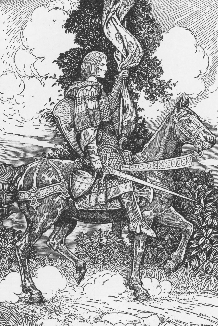 Sir Tristam cabalgando hacia el castillo de Tintagil Ilustración de Louis Rhead (1858-1926) de "El rey Arturo y sus caballeros" 1923 Colección particular de Louis John Rhead