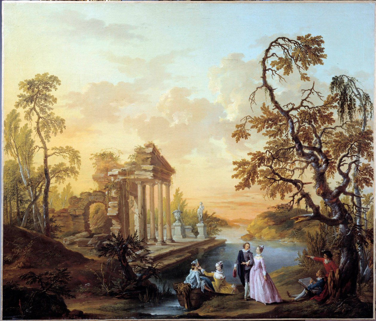 Homenaje al Amor Escena romántica en un paisaje de ruinas antiguas al anochecer. Pintura de Louis Joseph Watteau dit Watteau de Lille (1731-1798) de Louis Joseph  Watteau