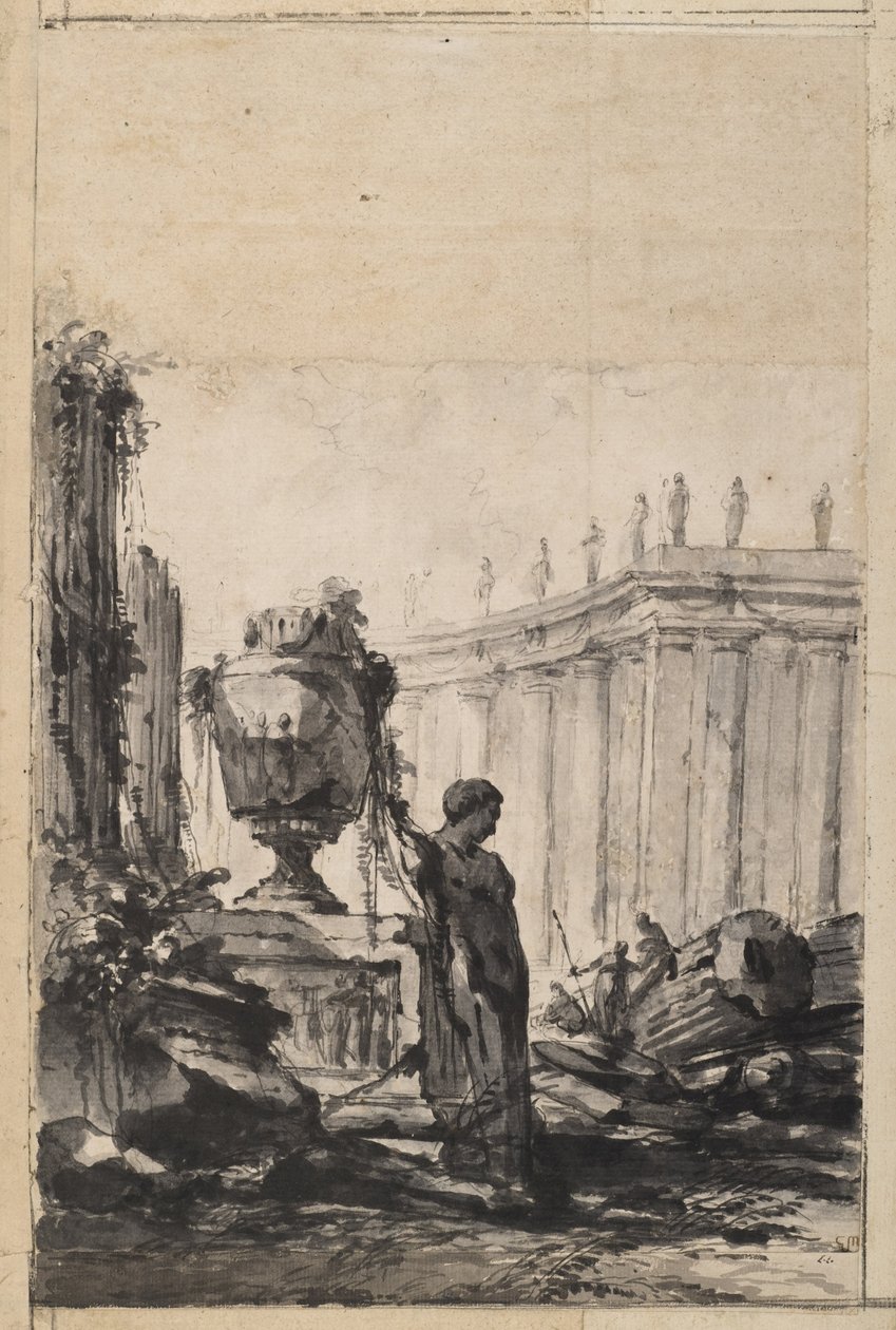 Fantasía arquitectónica con jarrón, Herm y columnata de Louis Joseph Le Lorrain
