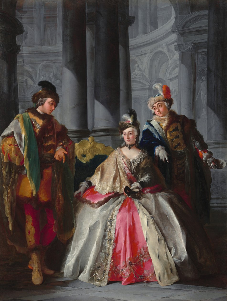 Tres Figuras Vestidas para un Baile de Máscaras, c. 1740s de Louis Joseph Le Lorrain