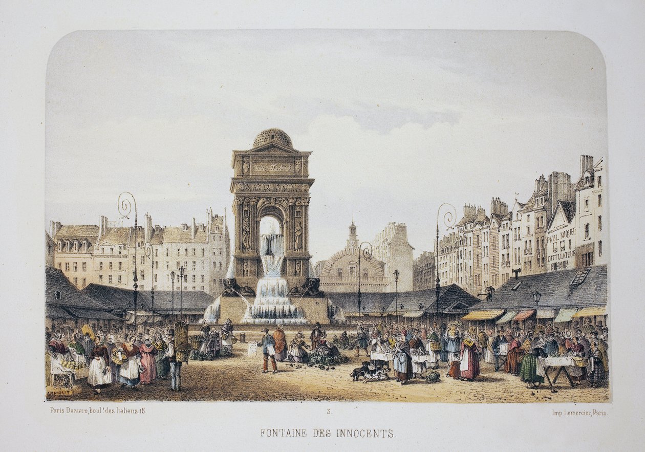 Fuente de los Inocentes (Fuente de las Ninfas), París. Litografía acuarela, ilustración de Arnout, en “Álbum, recuerdos de París”, editor Daziaro, París de Louis Jules Arnout