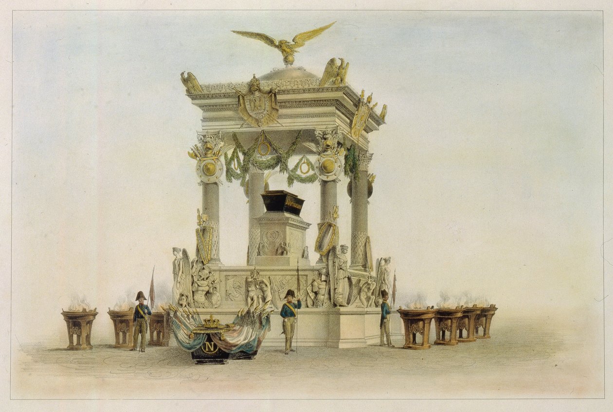 El ataúd de Napoleón I Bonaparte (1769-1821) en la iglesia de los Inválidos (París, Francia). (Ataúd de Napoleón en la Iglesia de Los Inválidos). Obra de Louis Jules Arnout (1814-1868), litografía y acuarela. Arte francés del siglo XIX, clasicismo. de Louis Jules Arnout
