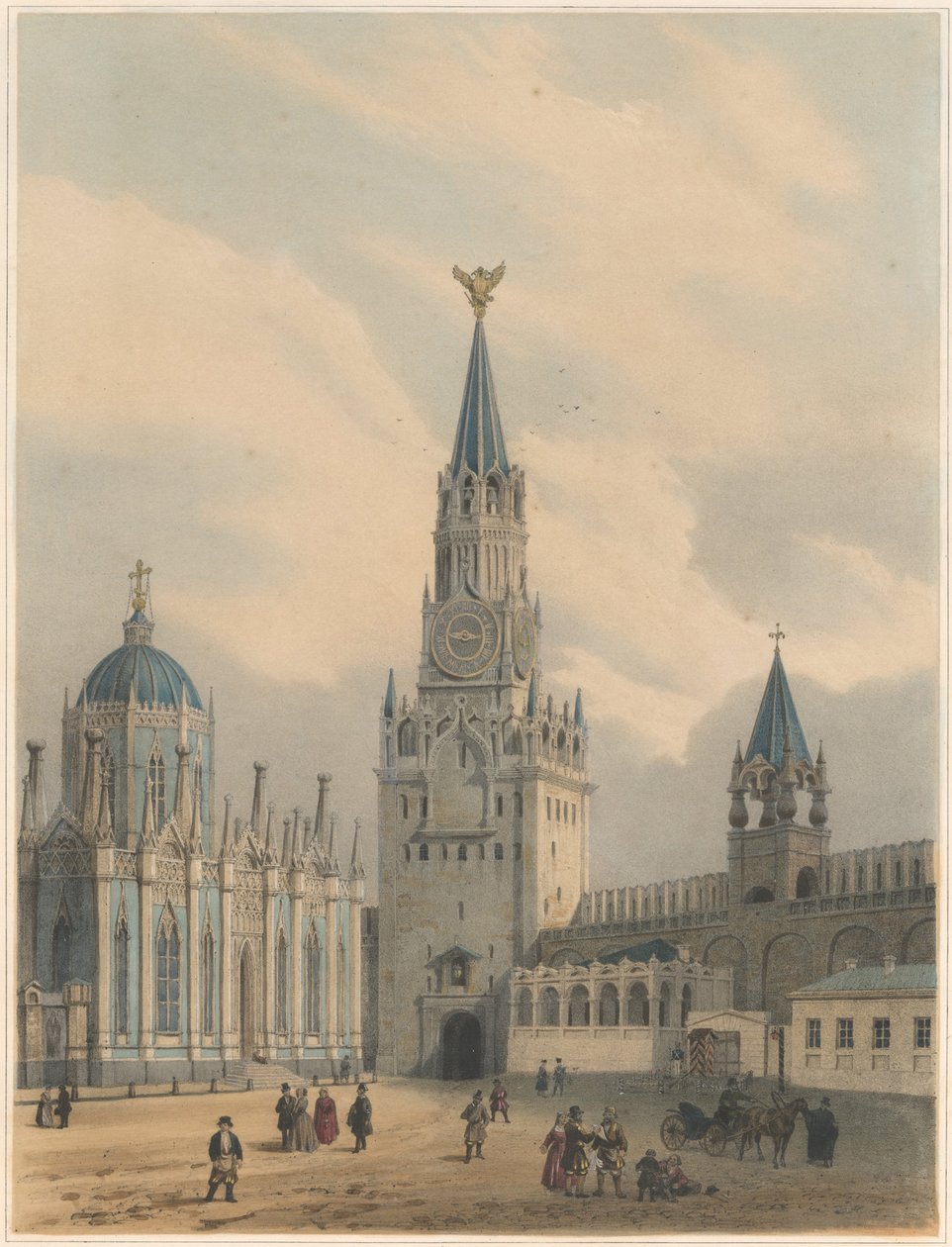 La Torre Spasskaya Puertas del Salvador y la Iglesia de Santa Catalina del Convento de la Ascensión en el Kremlin de Moscú de Louis Jules Arnout