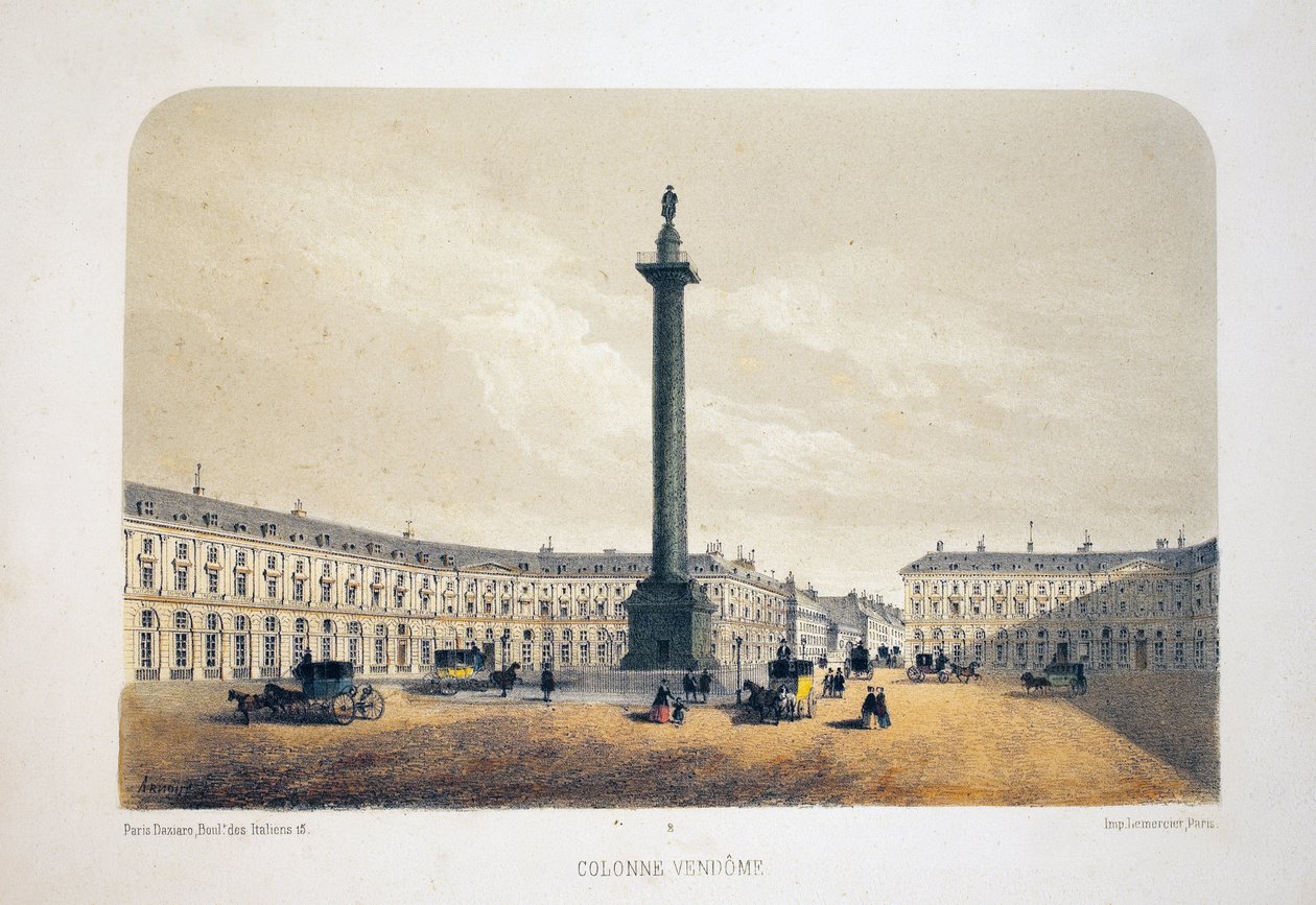 Columna Vendome, París. Litografía acuarela, ilustración de Arnout, en “Álbum, recuerdos de París”, editor Daziaro, París de Louis Jules Arnout