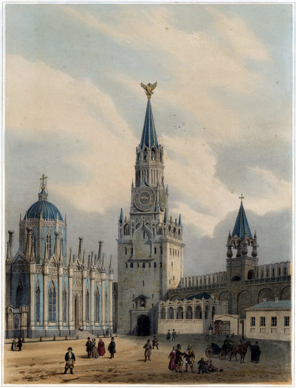 Vista de la Torre del Salvador (o la Torre Spasskaia) y sobre la plaza roja, kremlin, Moscú (Litografía de Louis Jules Arnout) de Louis Jules Arnout