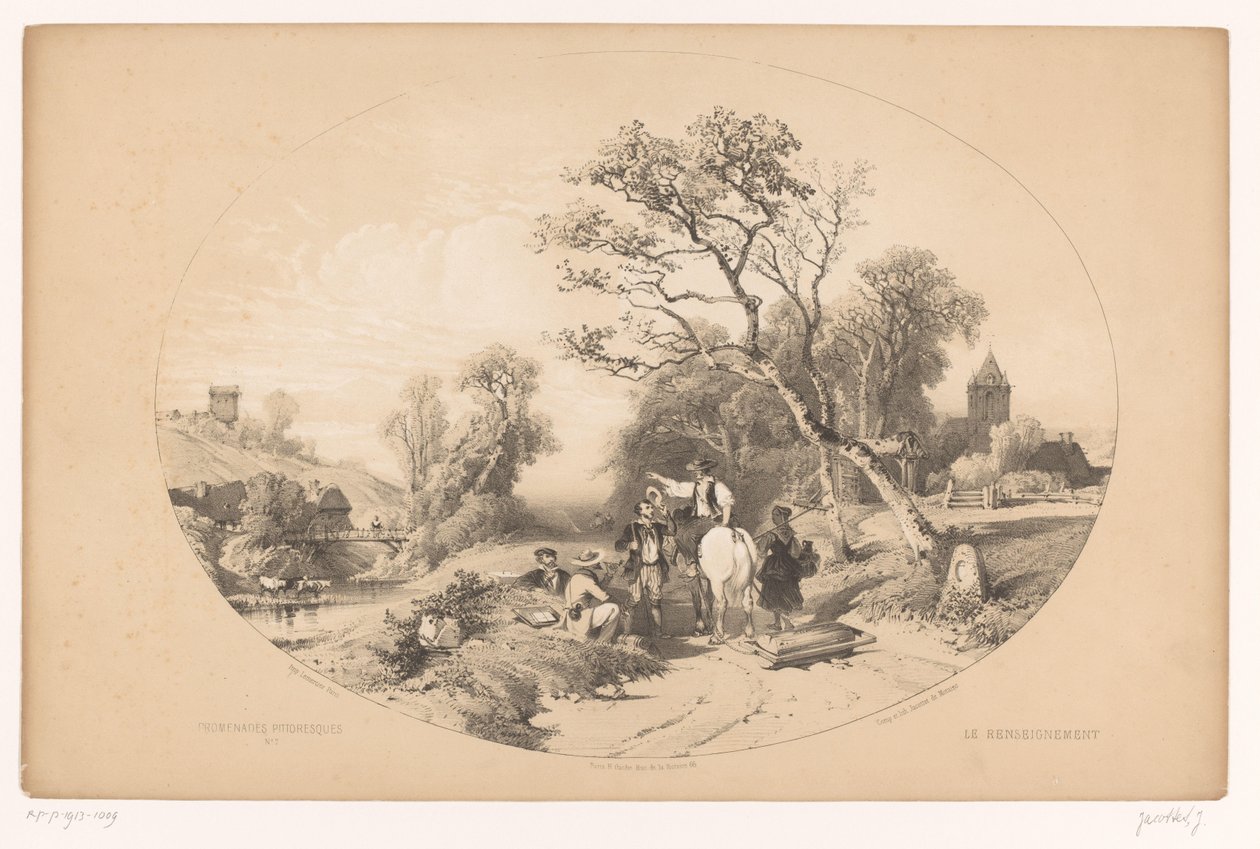 Un motorista pide información en la carretera
Le renseignement (título sobre el objeto)
Paseos pintorescos (título de la serie)
Promenades pittoresques (título de la serie en el objeto) de Louis Julien Jacottet