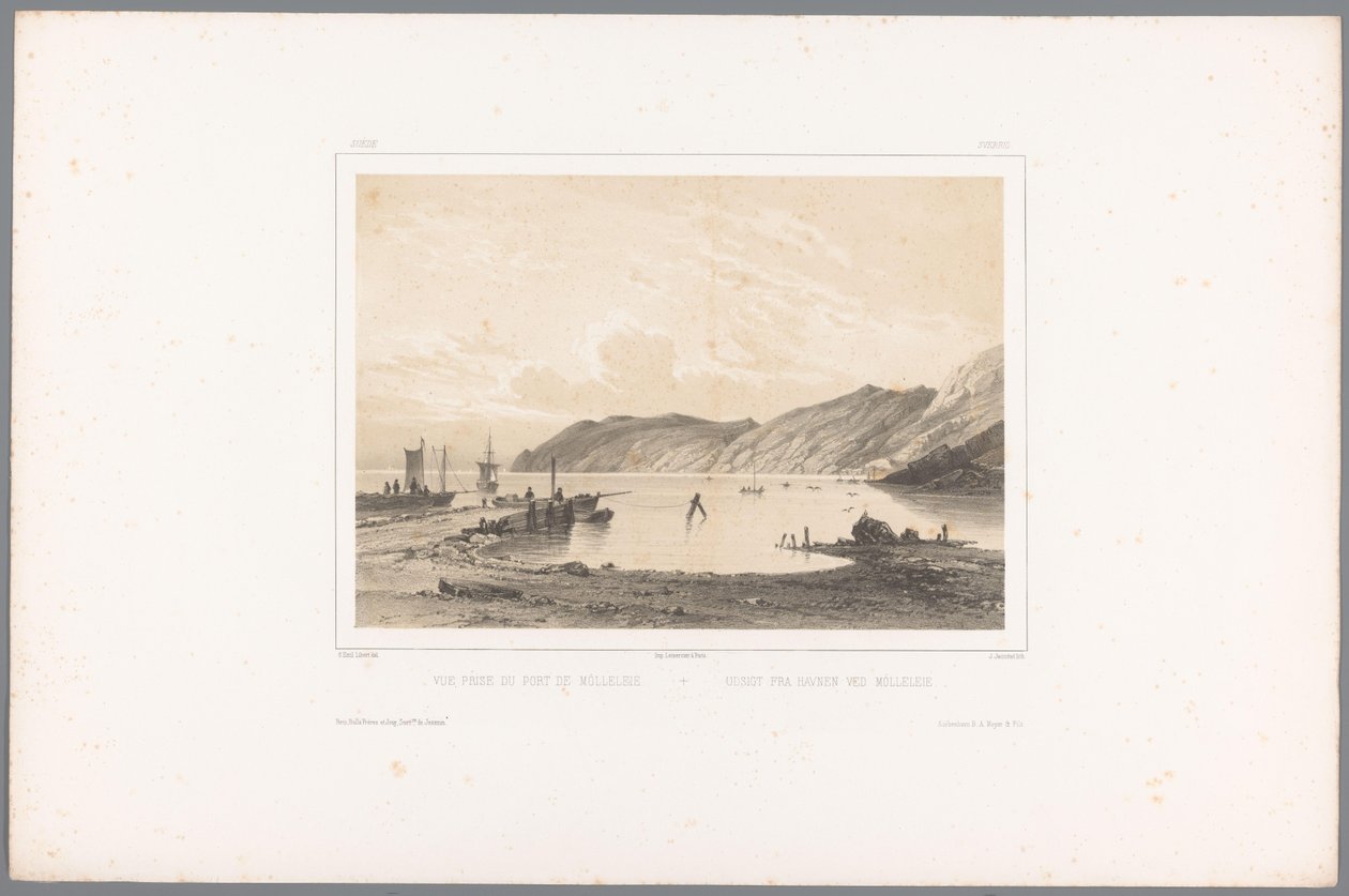 Vista del puerto de Mölle Vue prise du Port de Mólleleie / Udsigt fra Havnen ved Mólleleie (título sobre objeto) Rostros en Escandinavia (título de la serie) Vues du Nord. Gamuza (título de la serie) de Louis Julien Jacottet