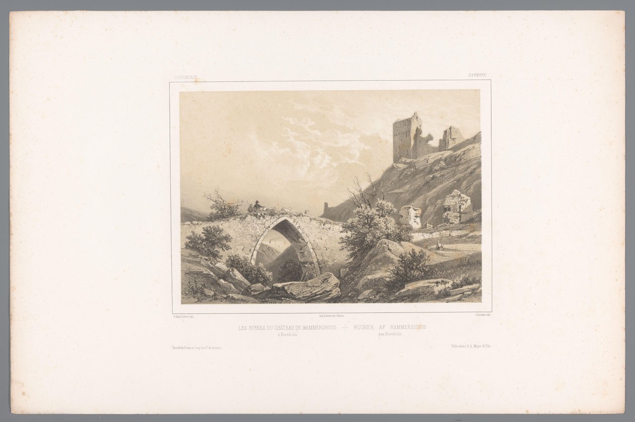 Vista de las ruinas del castillo de Hammershus Les ruines du Château de Hammershuus / Ruiner af Hammershuus (título sobre el objeto) Rostros en Escandinavia (título de la serie) Vues du Nord. Danemarck (título de la serie) de Louis Julien Jacottet