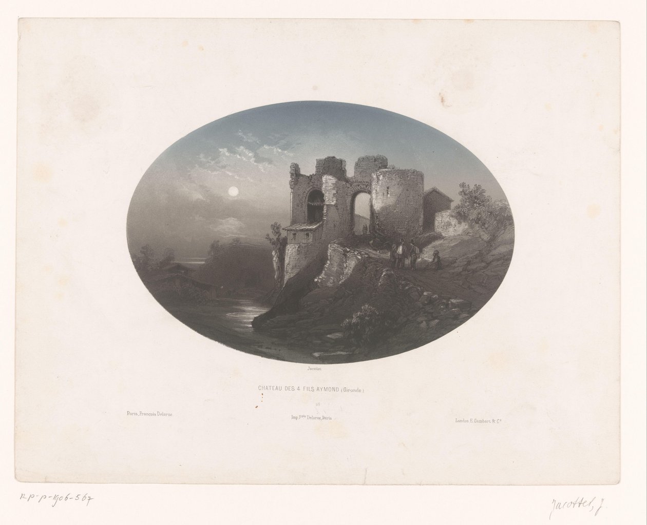 Vista de las ruinas del castillo de los Cuatro Heemskinderen Château des 4 fils Aymond (Gironda) (título sobre el objeto) de Louis Julien Jacottet