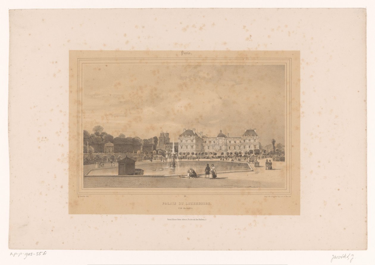 Vista del Palacio de Luxemburgo desde el Jardín de Luxemburgo
Palais du Luxembourg, Côté du Jardin (título en el objeto)
Vistas de París y sus alrededores (título de la serie)
París (título de la serie en el objeto) de Louis Julien Jacottet