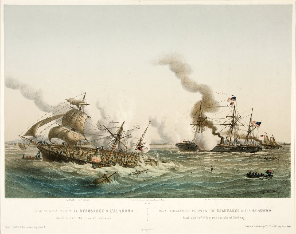 Combate naval entre el Kearsage y el Alabama, pub. 1864 de Louis Le Breton