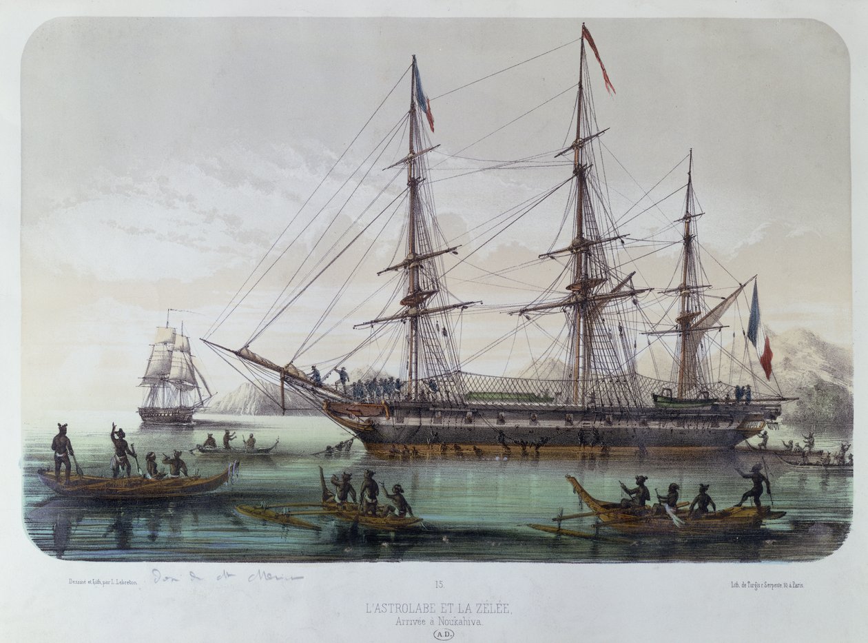 El Astrolabio y Zelee visitando la Isla Nuku Hiva en las Islas Marquesas Francesas de Louis Le Breton
