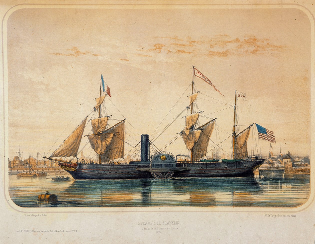 Vapor “el Franklin” en la cuenca de Florida en Le Havre. Dibujo de Louis Lebreton (? - 1866) de Louis Le Breton