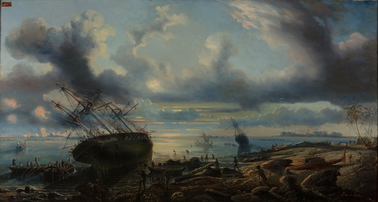 Varada de corbetas en el canal de Mauvais, estrecho de Torres 1843 (óleo sobre lienzo) de Louis Lebreton