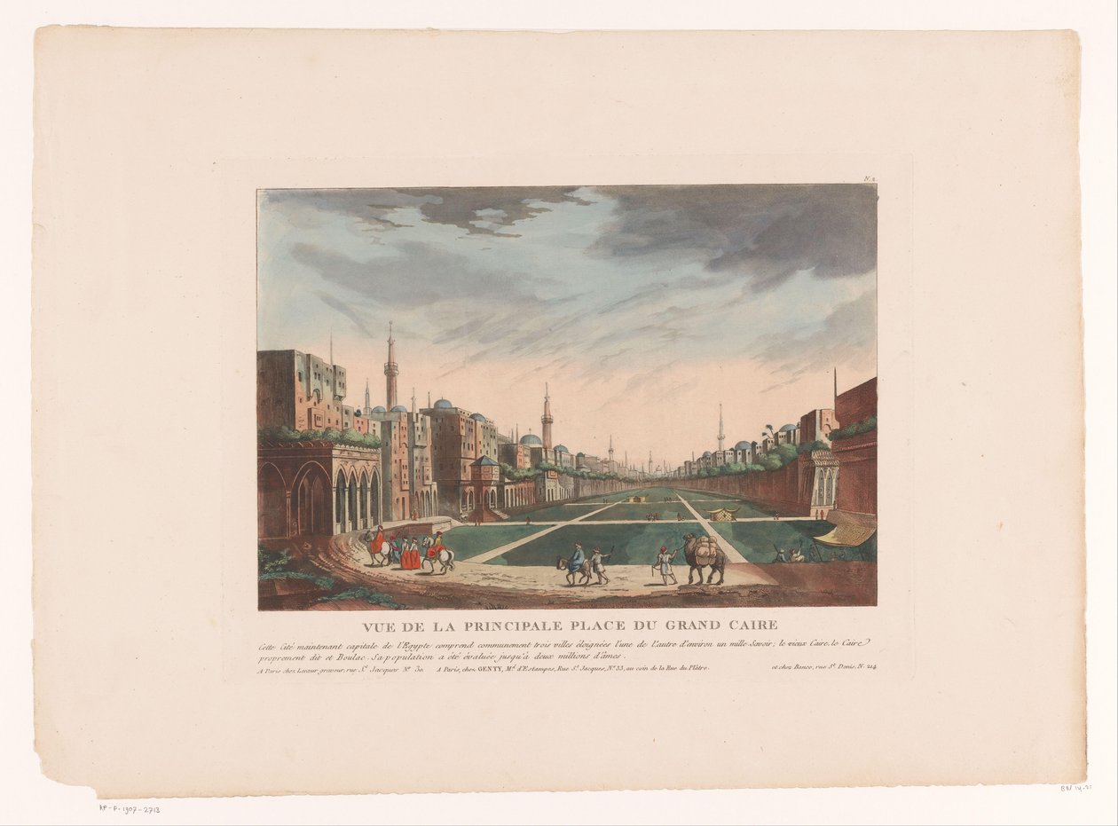 Vista de una plaza en El Cairo Vue de la Principale Place du Grand Caire (título sobre objeto) Paisajes urbanos en Italia, España y Egipto (título de la serie) de Louis Lecoeur