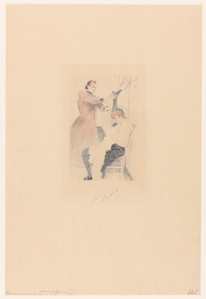 Bailarina canaria sentada en una silla mientras hace un ejercicio de flexibilidad
Brisement assis (avec professeur) (título en el objeto) de Louis Legrand (signed by artist)