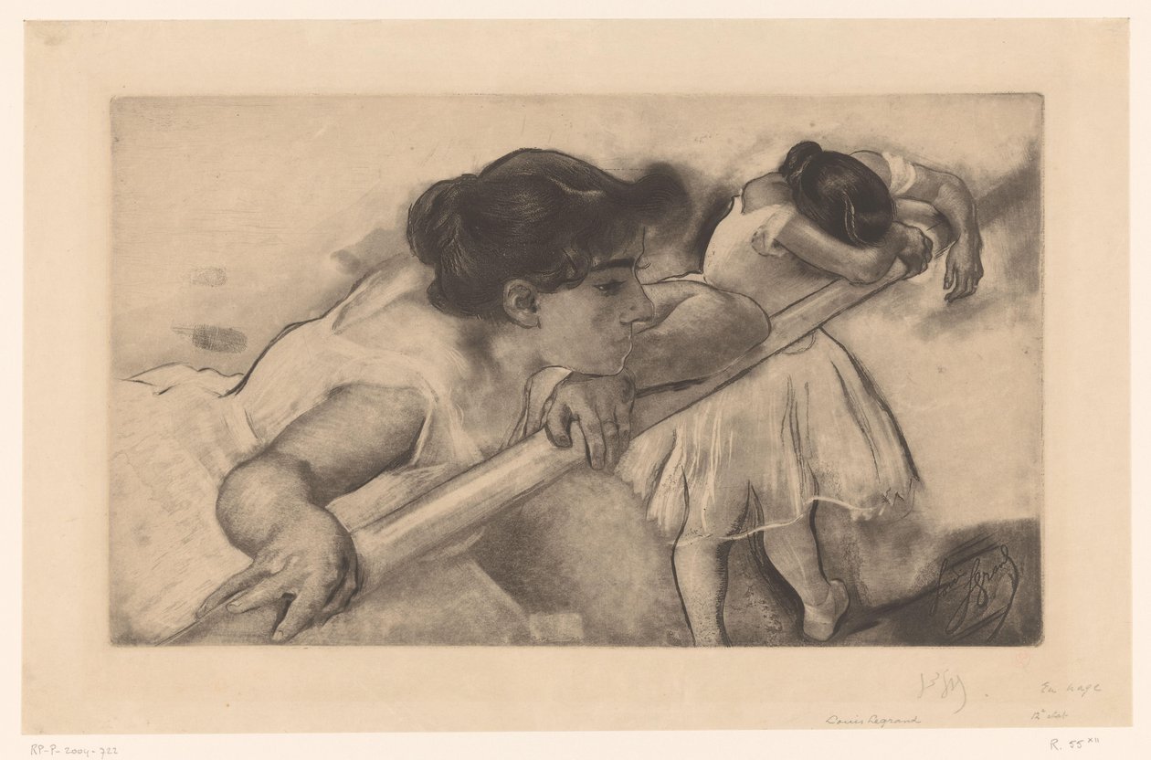 Dos bailarinas en una barra de ballet. En nage (título sobre objeto) Jóvenes bailarinas (título de la serie) Les Petites du ballet (título de la serie) de Louis Legrand (signed by artist)
