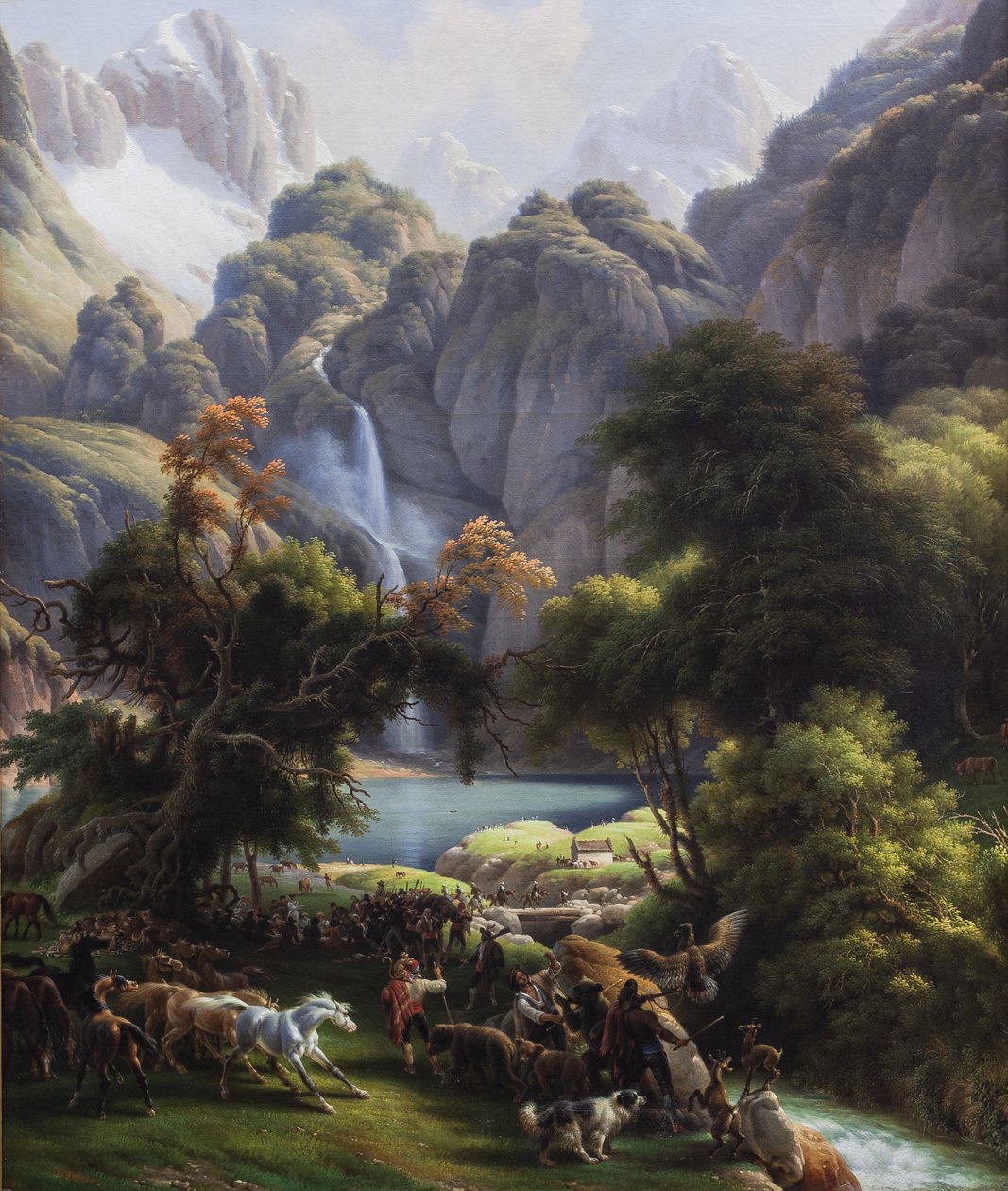 Oso cazando hacia la cascada del lago Oo (óleo sobre lienzo) de Louis Lejeune