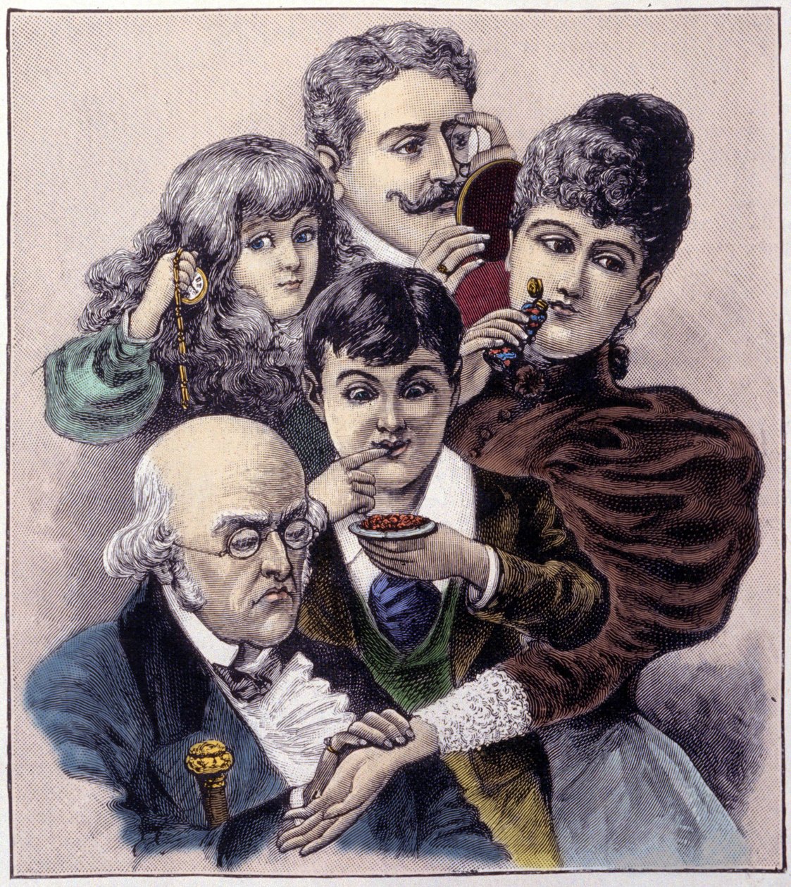 Representación de los cinco sentidos (tacto, oído, olfato, gusto y vista). Grabado de 1894. de Louis Leopold (after) Boilly