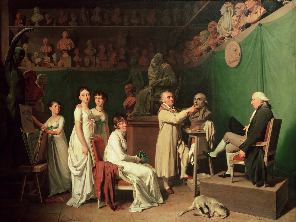 Jean Antoine Houdon (1741-1828) esculpiendo el busto de Pierre Simon (1749-1827) Marqués de Laplace en presencia de su esposa e hijas, 1804 de Louis Leopold Boilly
