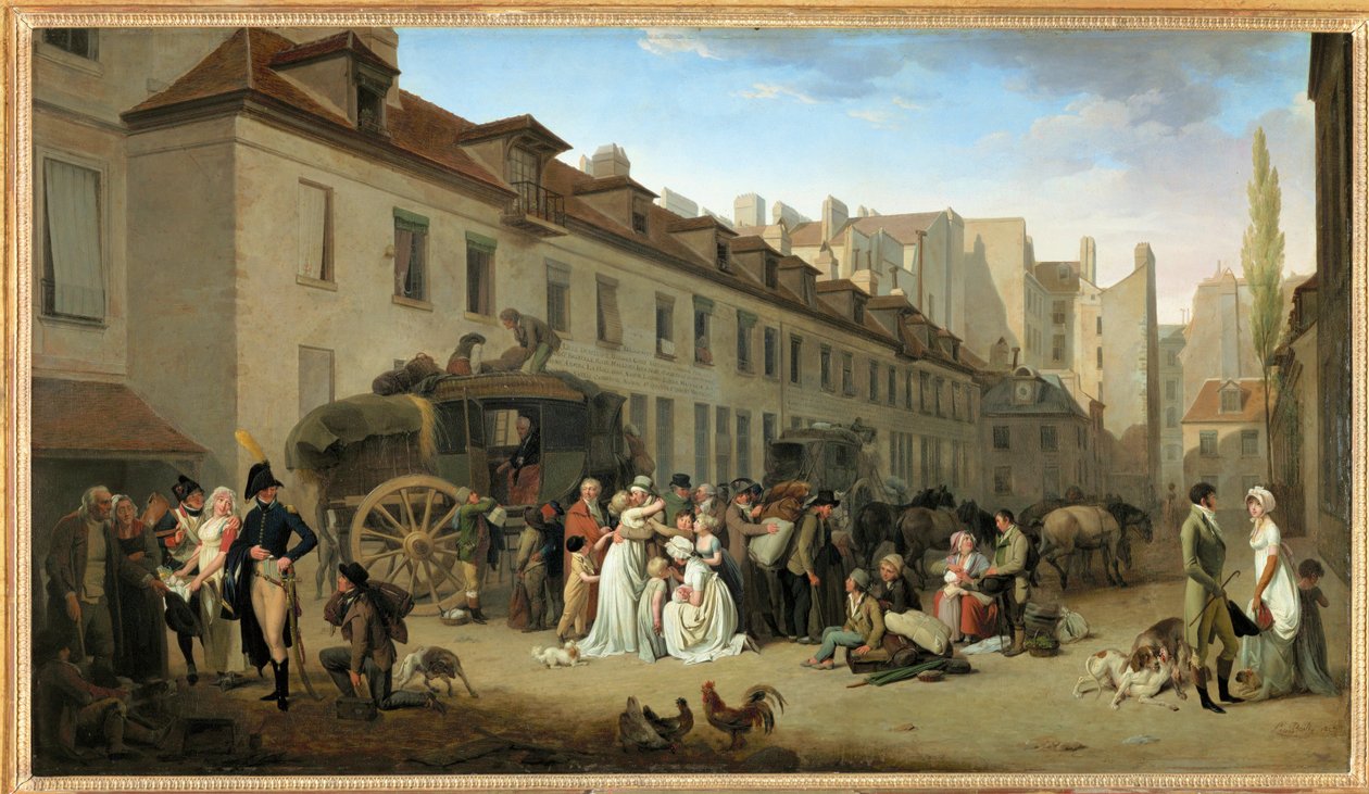 La llegada de un autocar al patio de las Messageries, rue Notre-Dame-des-Victoires, en París ... de Louis Leopold Boilly